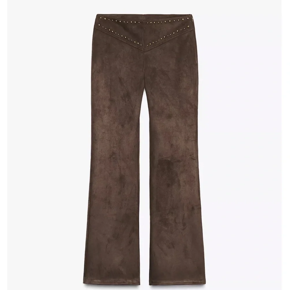 Zara NWT brown studded faux suede embellished pants